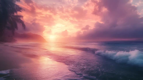 Dreamy pink sunset waves along a tranquil tropical shore.