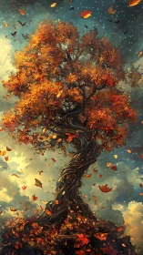 Twisted autumn tree glows against stormlit celestial sky.