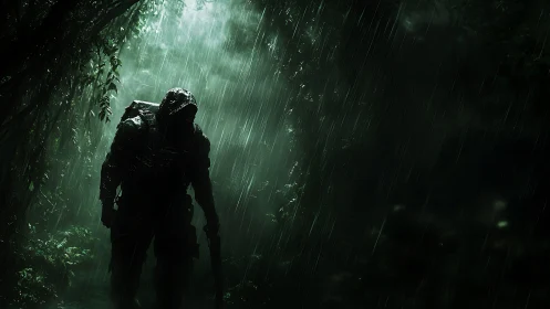 Rain-soaked jungle sentinel stalking the emerald downpour.