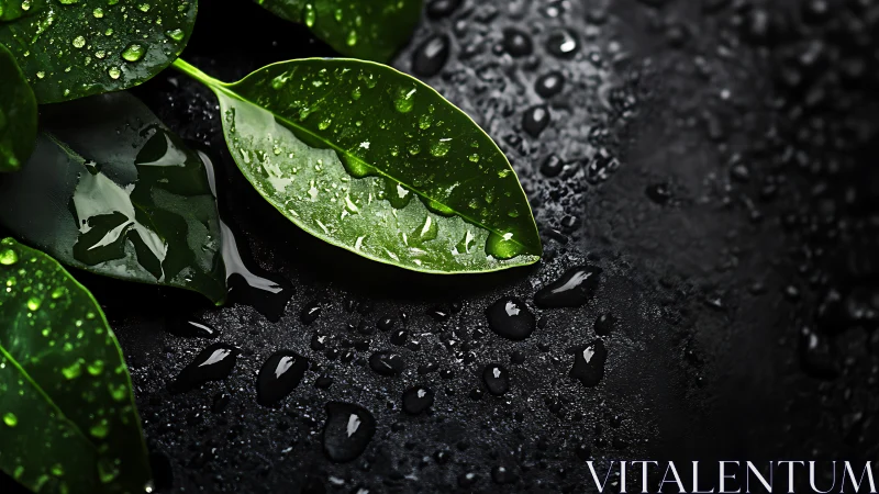 Wet green leaves glow over dark stone with scattered droplets.
