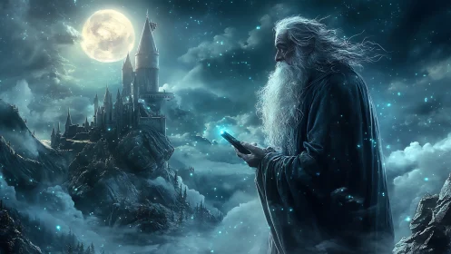 Moonlit archmage consults a glowing spellbook between stars