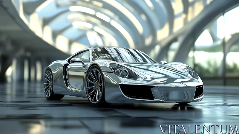 Chrome sports car in modern glass and steel interior.