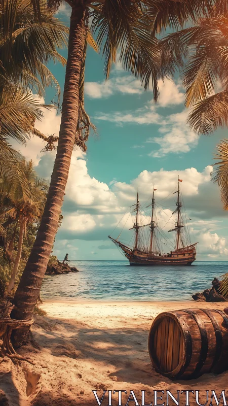 Sailing Ship Anchored Off Palm-Lined Beach