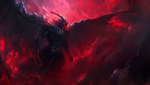 Dark winged demon rising within a red storm cloudscape.