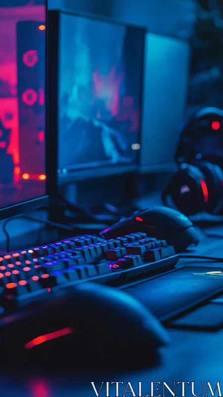 Neon gaming setup glows softly in a cozy blue-lit room