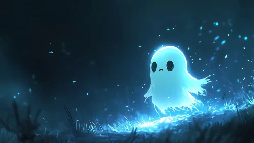 Gentle blue ghost drifts through a glowing moonlit meadow