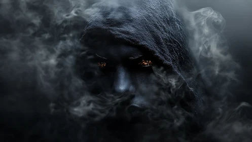 Hooded shadowed face emerges through swirling dark smoke
