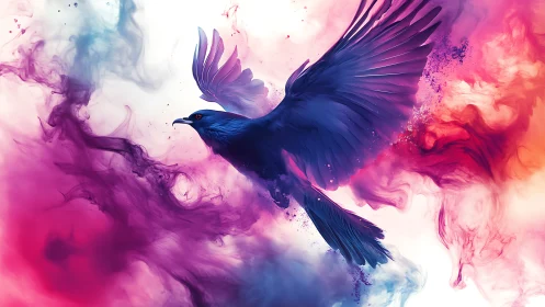 Vibrant digital painting of a soaring blue bird in pigment clouds