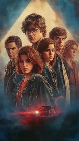 Teen group portrait stands over foggy car in red light