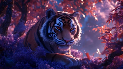 Mystic tiger rests under violet forest twilight glow.