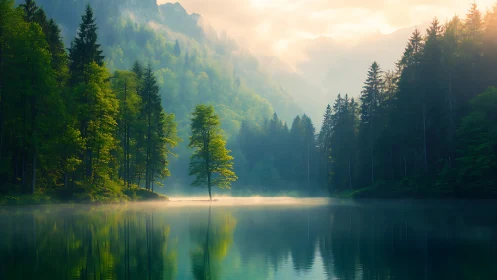 Mist-kissed forest lake cradling a lone glowing tree at dawn.