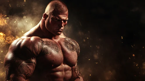 Muscular tattooed bodybuilder stands in dramatic fiery light