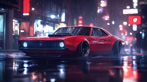 Retro red muscle car in neon lit rainy city street at night