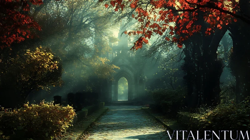 Sunlit forest archway inviting quiet, wandering daydreams.