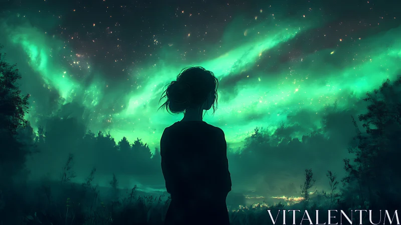 Stargazing silhouette listens quietly to the emerald sky