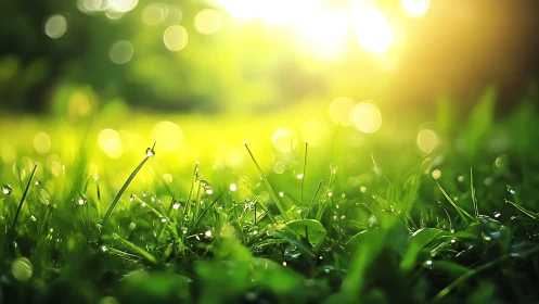 Morning dew on sunlit grass with glowing bokeh haze.