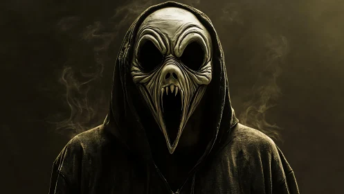 Hooded skeletal creature emerges from smoky golden void.