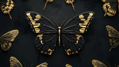 Gilded midnight butterflies in a quiet, luminous still life.