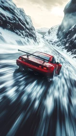Scarlet drift car slices a frozen mountain pass at speed