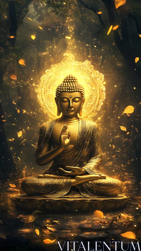 Golden seated Buddha statue in forest with radiant halo.