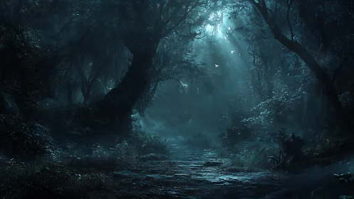 Luminescent Forest Ravine: Enchanted Woodland Portal.