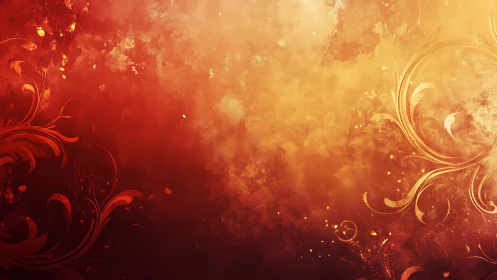 Fiery red gold floral swirl abstract digital backdrop.