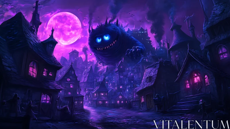 Moonlit haunted town with large glowing-eyed monster.