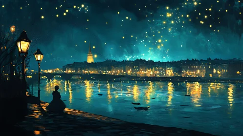 Nocturne riverside cityscape in luminous digital painting style.