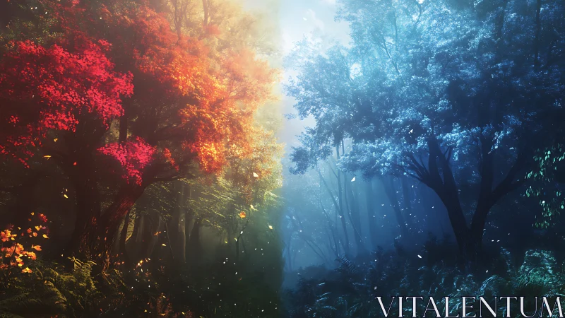 Forest scene splits into warm autumn and cool winter light