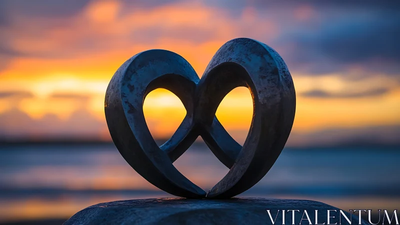 Weathered Heart-Form Steel Sculpture Silhouetted Against Golden Sunset Seascape