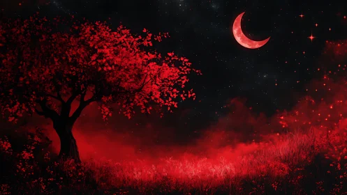 Scarlet moon hangs above a glowing red dreamscape night.