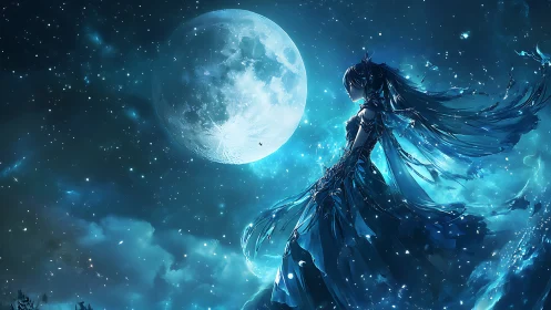 Celestial female silhouette in flowing dress under luminous moon