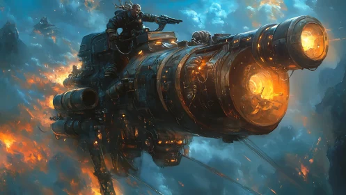 Battle-scarred gunship rips through stormlit sci fi skies