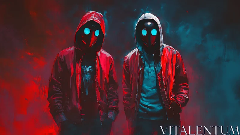Hooded duo with glowing masks in a moody neon haze.