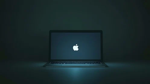 Open laptop displays illuminated Apple logo on dark screen