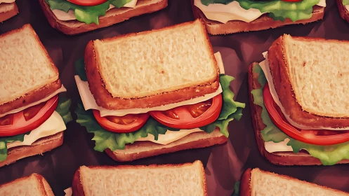 Stacked sandwiches with bacon, cheese, lettuce, tomato displayed overhead
