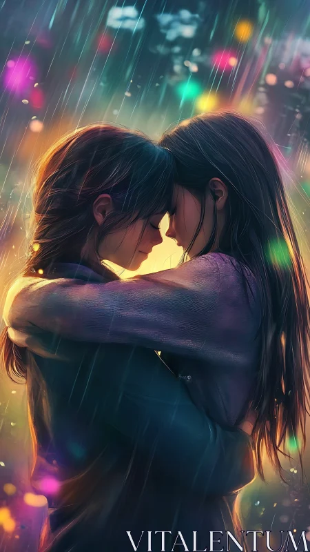 Two Figures Embracing in Neon Rain Storm with Luminous Urban Bokeh