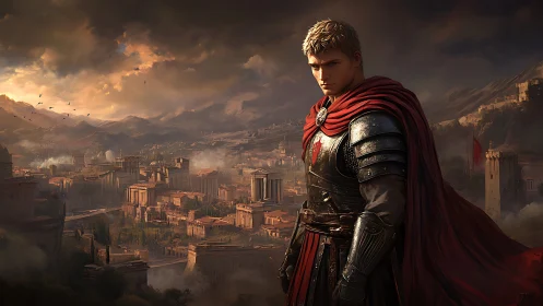 Crimson legionnaire broods above a storm-lit ancient cityscape.