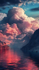 Crimson cloud tides over dream-forged mountain fjord.