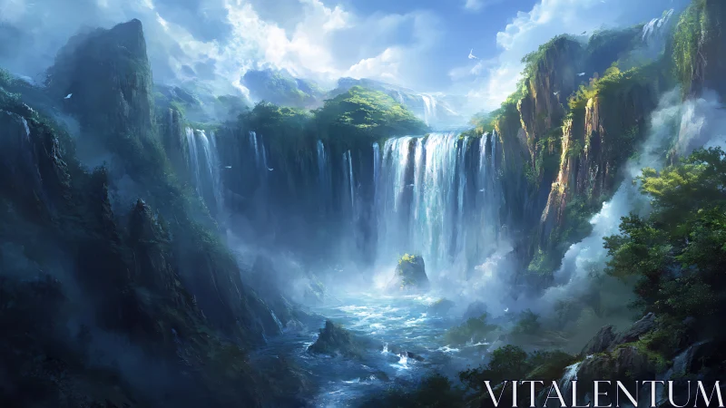 Majestic fantasy waterfalls cascading through misty cliffs.