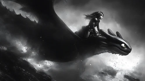 Storm-lit rider guides a shadow dragon through raging skies