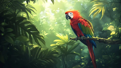 Scarlet macaw resting in sunlit emerald jungle calm.