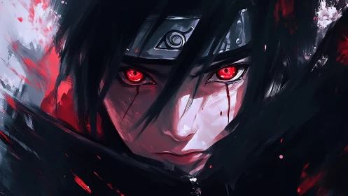 Sharingan warrior portrait with intense crimson gaze.