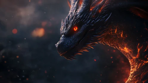 Molten-scaled dragon profile under embers and shadow.