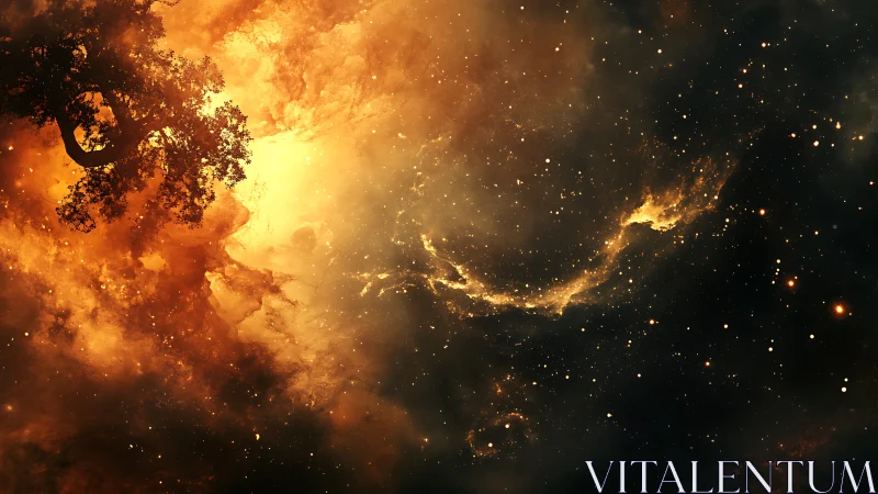Backlit tree silhouette against radiant golden nebula sky