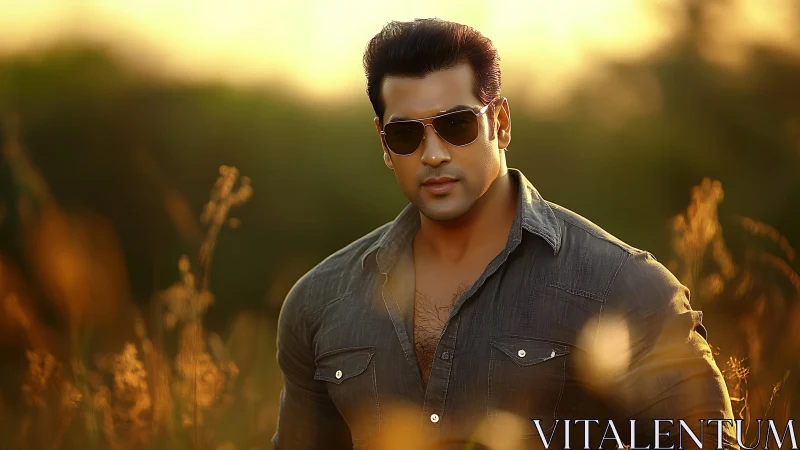 Sunlit portrait of muscular man in field with bokeh optics.
