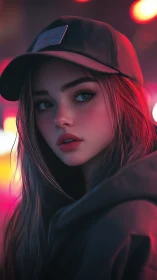 Digital portrait of young woman in cap under neon light.