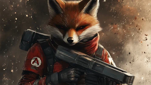 Battle-scarred space fox commando cradles a massive blaster.