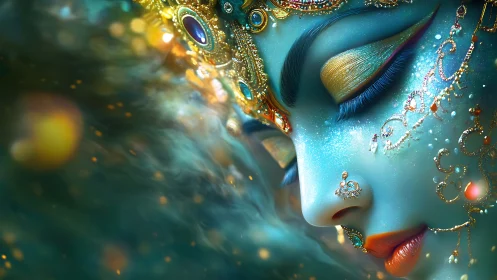 Celestial blue goddess portrait glows with jeweled filigree