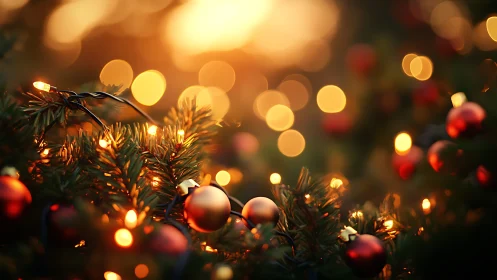 Golden twilight on cozy Christmas tree lights and baubles.